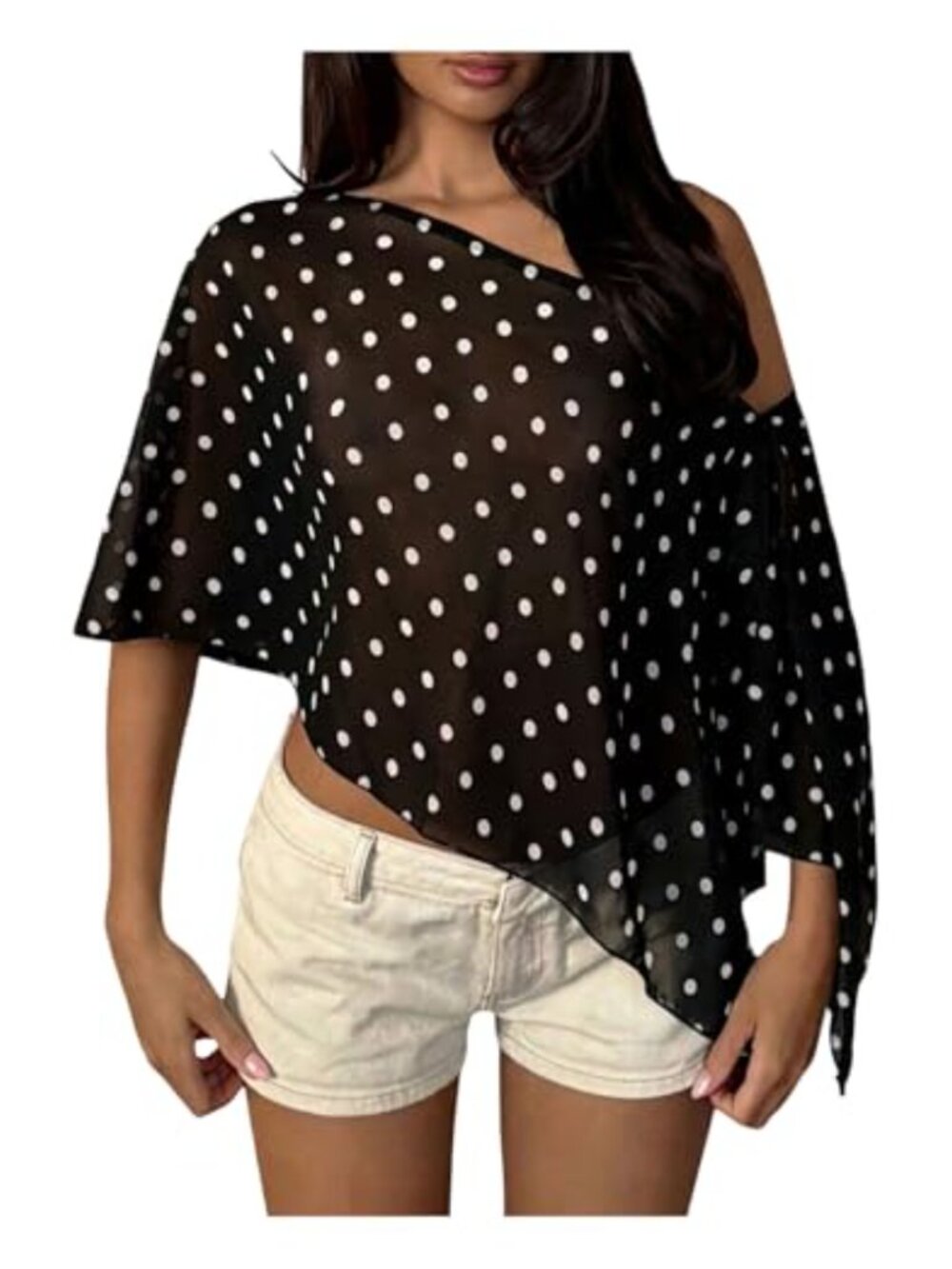 Sheer Polka Dot Off Shoulder Poncho Beach Cover Up Top
